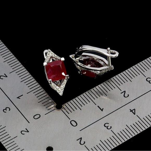 6mm Red Ruby cushion cut Madagascar earrings in Sterling Silver. - Picture 3 of 6